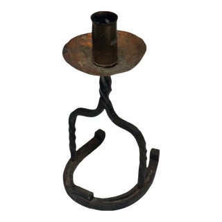 Vintage Hand-Forged Wrought Iron Horseshoe Candlestick For Sale