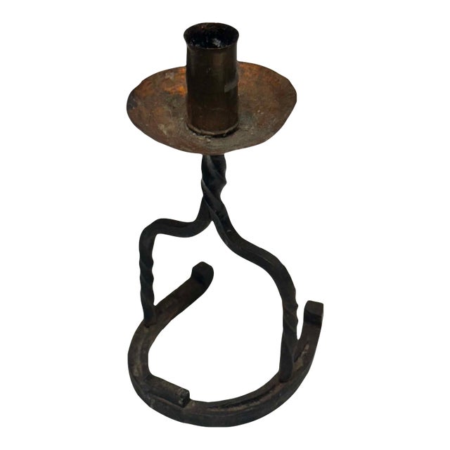 Vintage Hand-Forged Wrought Iron Horseshoe Candlestick For Sale
