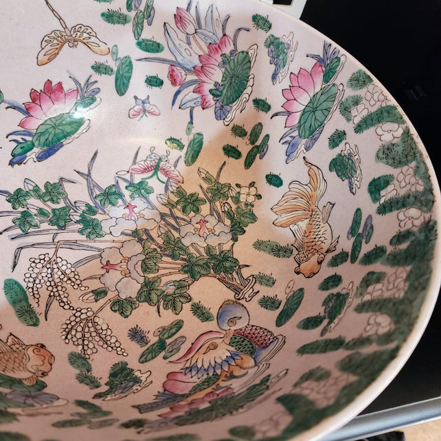 Art Deco Mid 20th Century Large Chinese Famille Rose Porcelain Bowl With Birds, Lotus & Butterflies on Carved Wood Stand For Sale - Image 3 of 13