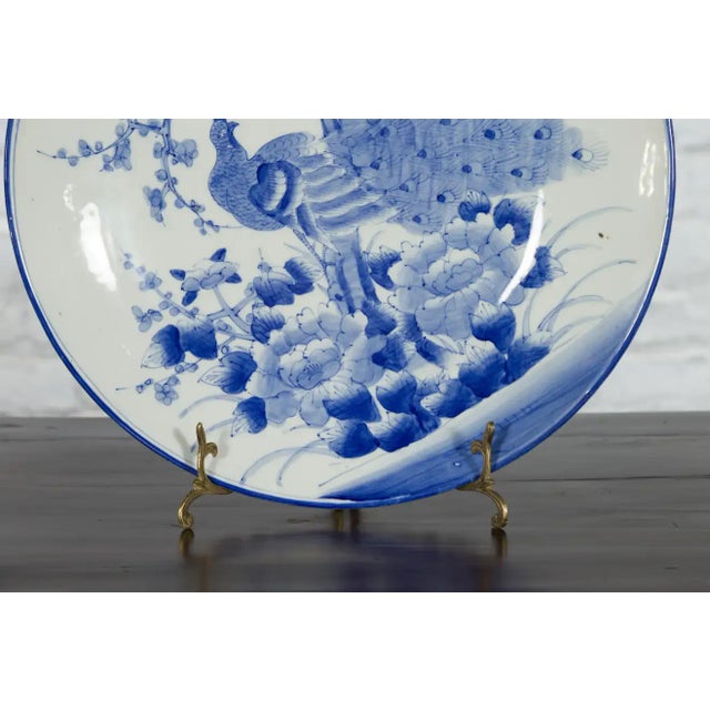 Japanese Blue and White Hand-Painted Porcelain Charger Plate with Peacock Bird For Sale - Image 12 of 13