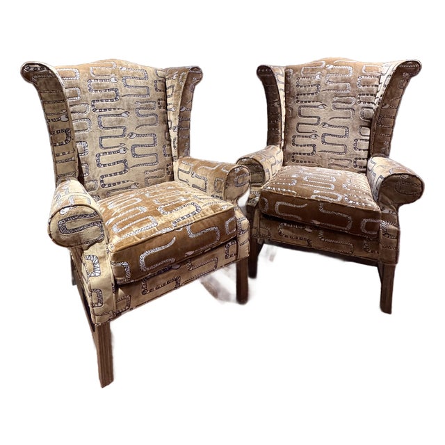 Pair of Woven Snake Velvet Chippendale Style Wing Chairs For Sale