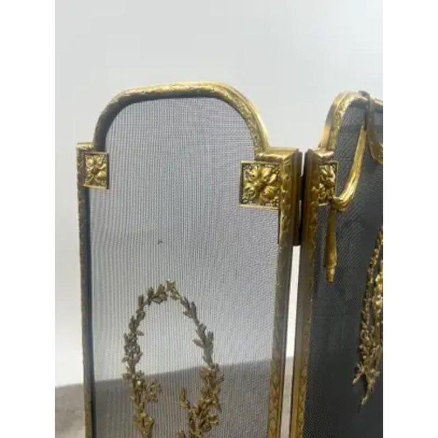 Brass Vintage French Provincial Louis XVI Style Brass Trifold Mesh Screen Fireplace For Sale - Image 8 of 13