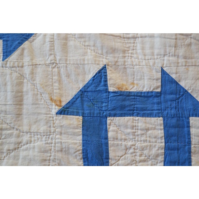 Early 20th C Hand-Quilted Blue and White Churn Dash Quilt For Sale - Image 9 of 9