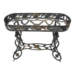 Vintage French Art Nouveau Style Heavy Wrought Iron Garden Planter Plant Stand For Sale