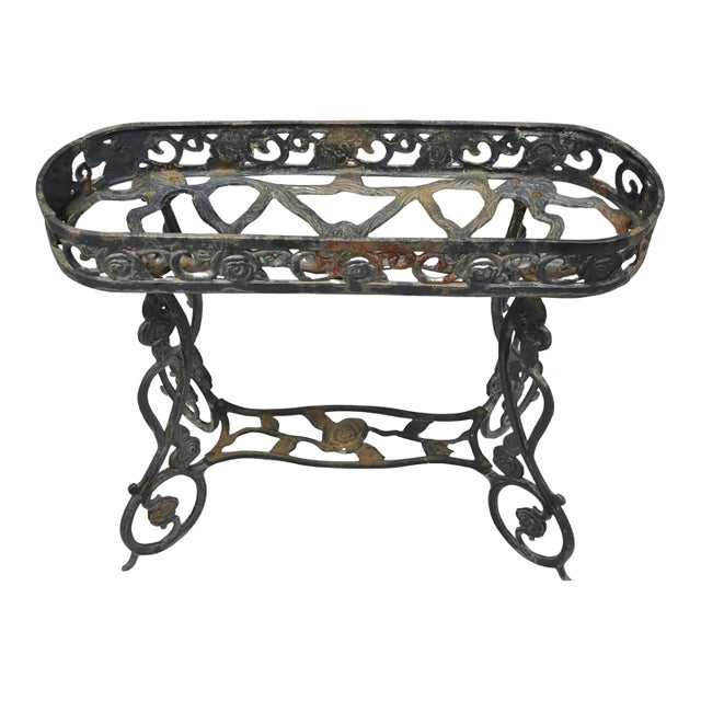 Vintage French Art Nouveau Style Heavy Wrought Iron Garden Planter Plant Stand For Sale