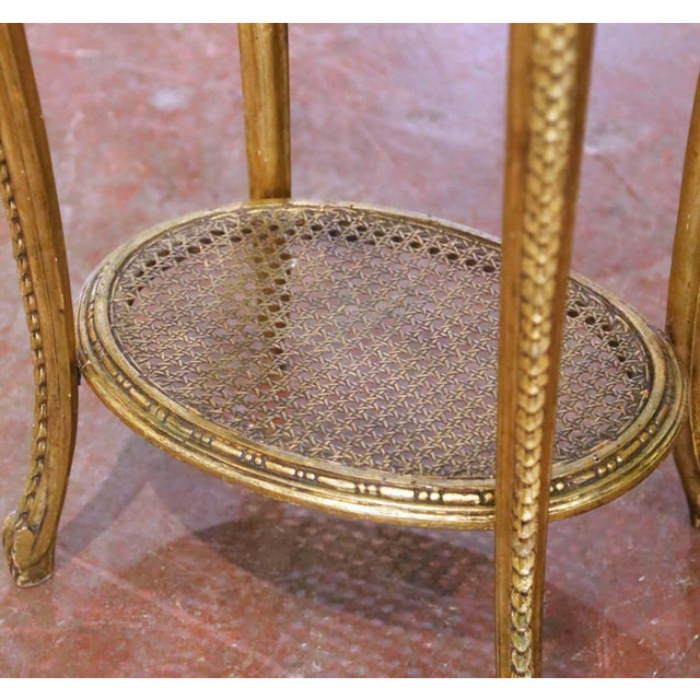 19th C. French Louis XV Gilt Guéridon Side Table With Marble Top and Cane Shelf For Sale - Image 4 of 8
