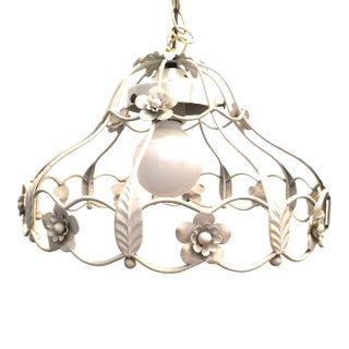 Vintage White Tole Mid-Century 60's Flower Center-Bulb Chandelier For Sale