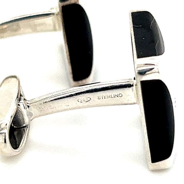 Traditional 1990s Pair of Bulgary Estate Onyx Cufflinks Sterling Silver 19.24 Grams For Sale - Image 3 of 10