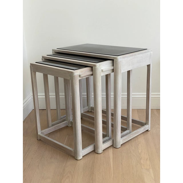 Modern 1940s Cerused Nesting Table With Smoked Glass Top - Set of 3 For Sale - Image 3 of 13