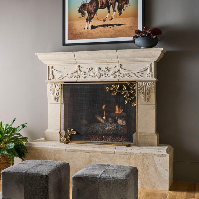 Metal Gold Rubbed Black Graceful Leaves Fireplace Screen For Sale - Image 7 of 11