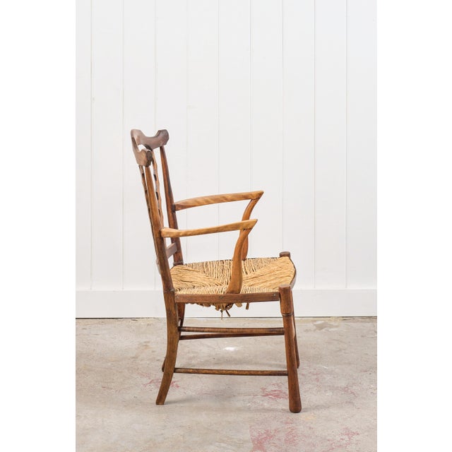 Arts & Crafts Chair With Carved Back (Elm + Rush) For Sale - Image 4 of 5