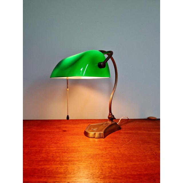 Articulated Brass Bankers Lamp with Green Opaline Shade, 1920s For Sale - Image 6 of 18