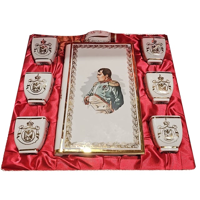 Napoleon Cognac Liqueur Flask with Cap and Cups in Box from Limoges, Set of 7 For Sale