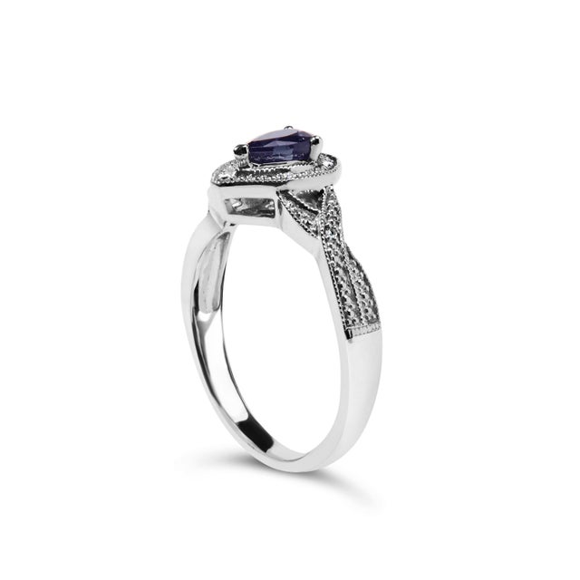 Haus of Brilliance .925 Sterling Silver 6x4mm Pear Sapphire Gemstone with Diamond Accent Fashion Halo Ring (H-I Color, SI1-SI2 Clarity) - Size 6 For Sale - Image 4 of 6