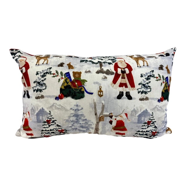 Festive Santa Themed Christmas Bolster Pillow With Vibrant Red Velour-Like Back - Made in U K For Sale