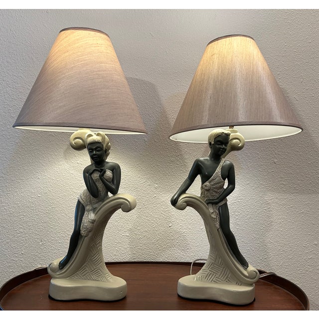 Vintage 1950s Continental Art Lamps With New Shades. 22" Tall. Male & Female Figures - a Pair For Sale - Image 11 of 12