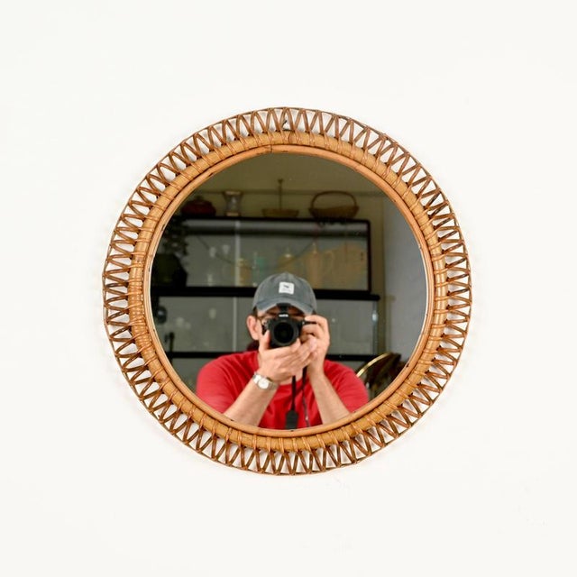 Wood Vintage Round Spring Mirror in Bamboo with Rattan and Wicker by Franco Albini, Italy, 1960s For Sale - Image 7 of 13