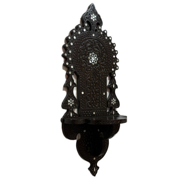 Mediterranean Handmade Wooden Wall Shelf With Mother of Pearl Inlay For Sale - Image 3 of 8
