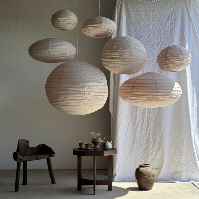 Contemporary Large Japanese Style Oval Flattened Pink Rattan and Natural Linen Pendant Light, 1980s For Sale - Image 3 of 18