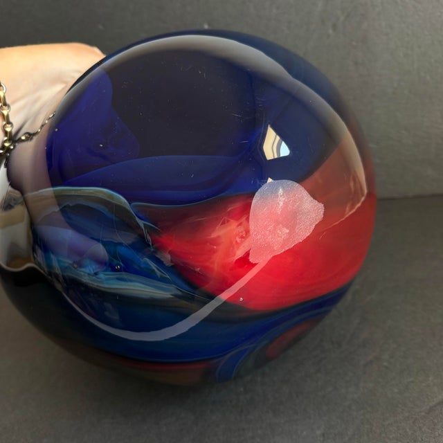 Glass Vintage Blue Art Glass Vase Organic Bowl XL Center Piece Red Green Swirl For Sale - Image 7 of 11