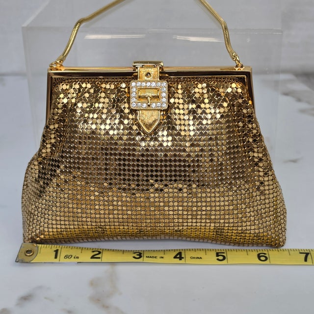 Mid 20th Century Whiting Davis Art Deco Rhinestone Clasp Hollywood Glam Gold Mesh Evening Bag For Sale - Image 15 of 18