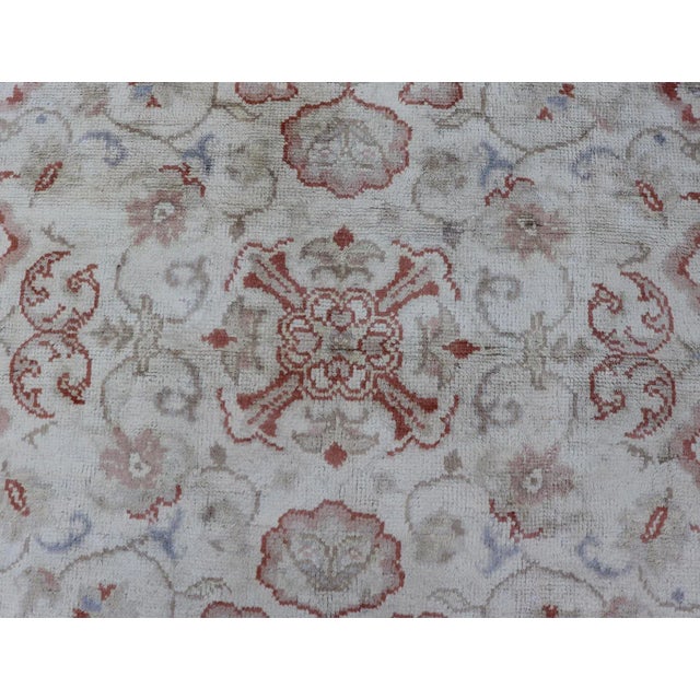 Early 20th Century Neutral Butter Color Background With Light Green, Light Blue, Red in All-Over Floral Design Vintage 7'0"x8'7" For Sale - Image 5 of 12