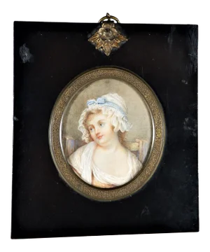 Antique Early American Woman in Period Clothes Miniature Painting, Framed