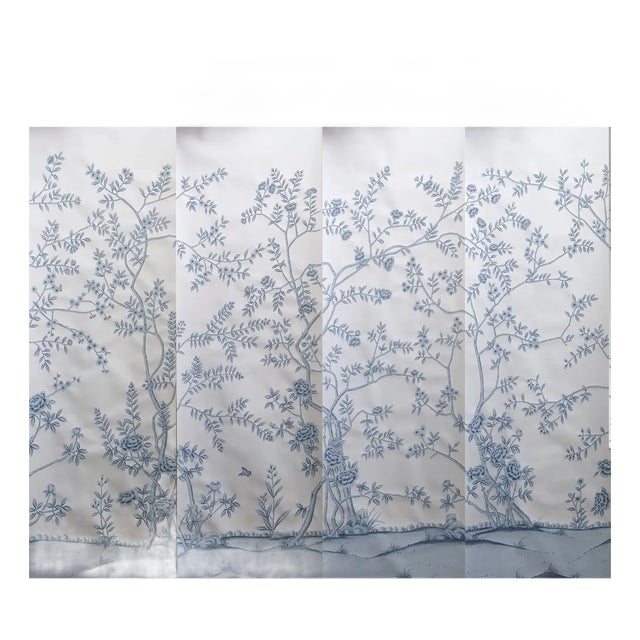 Blue Chinoiserie Mural Hand Painted Wallpaper Panels - 4 Panels For Sale
