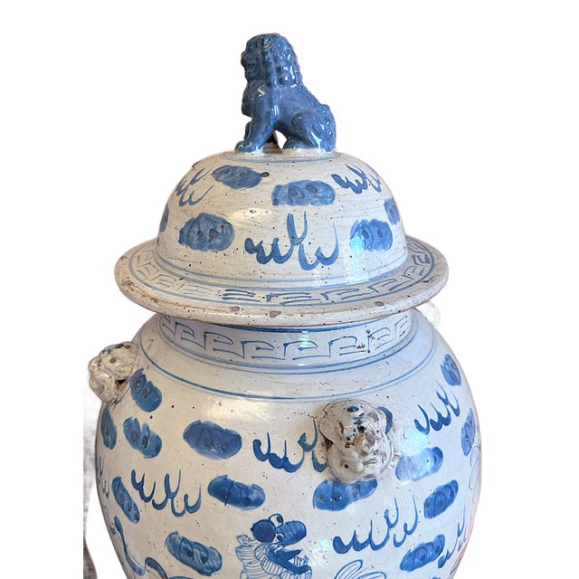 Ceramic Large Chinoiserie Temple Jars With Foo Dog Designs - A Pair For Sale - Image 7 of 8
