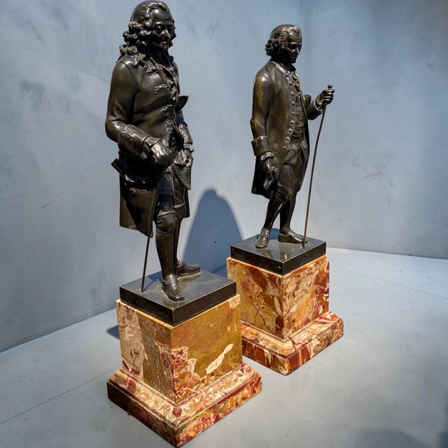 Burnt Umber Fine Pair 19th Century Bronze & Marble Classical Sculptures Voltaire & Rousseau For Sale - Image 8 of 11