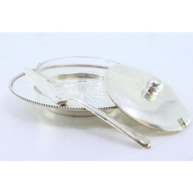 Silver and Glass Butter Dish with Beaded Edges, Pearly Handle and Knife, Set of 2 For Sale - Image 3 of 7
