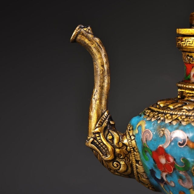 1980s 1980s Gilt Bronze & Cloisonné Dragon Teapots / Ewers - Turquoise Enamel - a Pair For Sale - Image 5 of 10