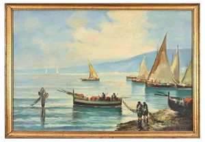 Unknown, Ships in the Gulf of Naples, Original Oil Painting, Mid-20th-Century