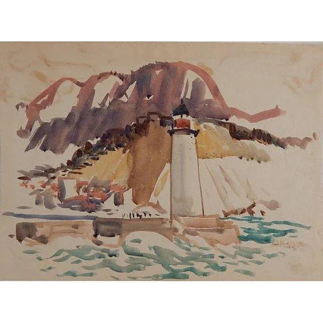 Modern Original Signed Watercolor- French Coastal View With Lighthouse For Sale - Image 3 of 4