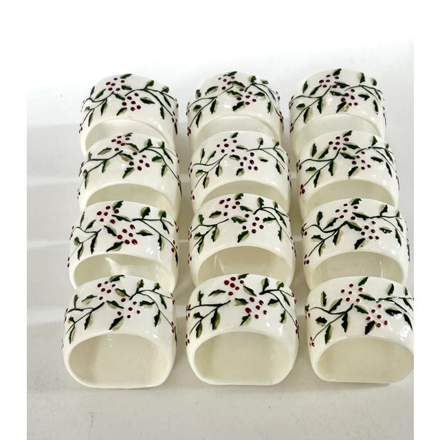 Ceramic Vintage Holly & Berry Ceramic Napkin Rings – Christmas Tabletop Decor, Set of 12 For Sale - Image 7 of 10