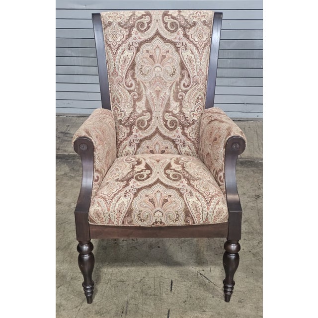 Late 20th Century Late 20th Century Pair of Paisley Upholstered Coffee Color Stain Armchair Made by Country Hill, Millersburg Ohio For Sale - Image 5 of 12