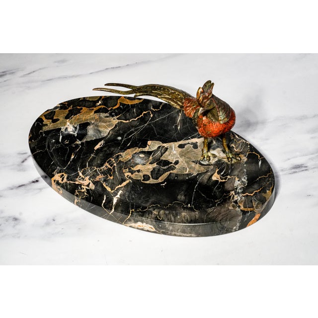 Impressive Antique Austrian Bronze Pheasant Sculpture Statue Black Veined Marble Desk Dresser Tray Catchall Art Deco Home Decor For Sale - Image 15 of 17