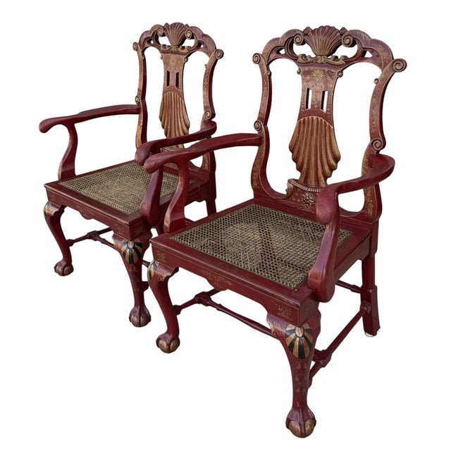 Chinoiserie 18c Style Giles Grendey Inspired Burton-Ching Red Chinoiserie Arm Chairs - A Pair For Sale - Image 3 of 4