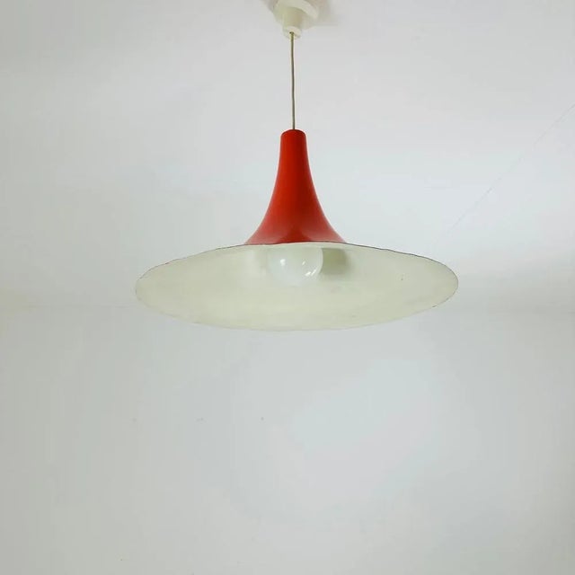 Mid century Danish red semi pendant light 1960s Beautiful Danish mid century pendant lamp ,outside is red and the inside...
