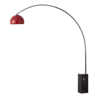 Iconic 95" Mid-Century Modern Arc Floor Lamp, Crimson Red Shade, Black Nickel Body For Sale