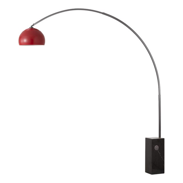 Iconic 95" Mid-Century Modern Arc Floor Lamp, Crimson Red Shade, Black Nickel Body For Sale