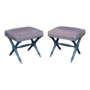 Fine Pair Paint Decorated French Regency Style X Benches Circa 1950s