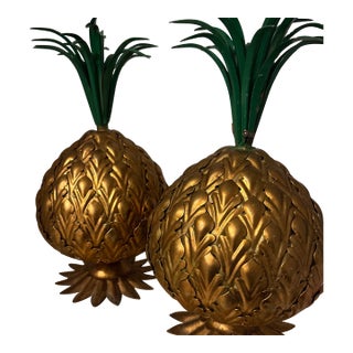 Vintage Tole Pineapple Topped With Green Palm - Sold as a Pair For Sale
