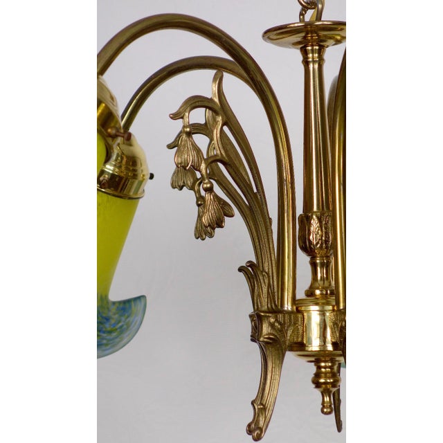 Gold French Brass Pate De Verre Glass Five Light Chandelier, 1950s For Sale - Image 8 of 11