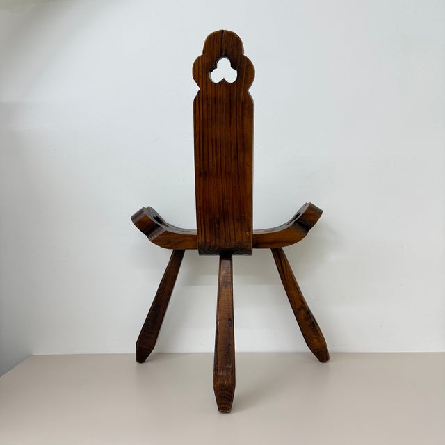 Spanish Brutalist Hand Carved Oak Tripod Chair, 1970s For Sale - Image 12 of 18