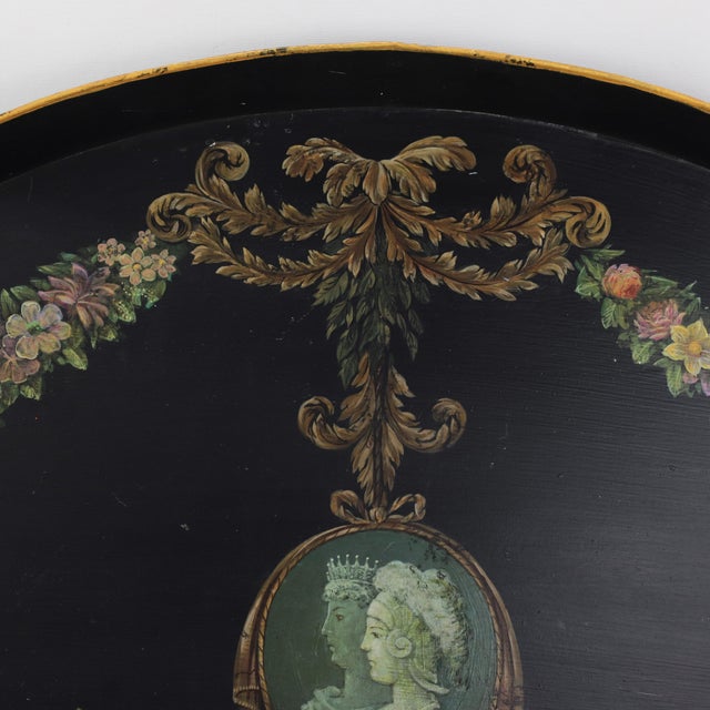 Vintage Hand Painted Tole Tray Black Lacquer With Classical Cameo Portrait and Golden Owl Motif For Sale - Image 4 of 18