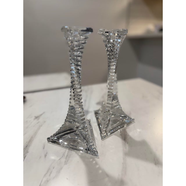 Transparent 24% Lead Crystal Unique Triangle Eiffel Tower Shape Candle Holder Candlesticks For Sale - Image 8 of 8