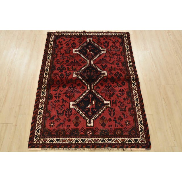 Tribal Shiraz Rug 3’11” X 5’2” Red Wool Vintage Tribal Hand-Knotted Oriental Carpet For Sale - Image 3 of 13