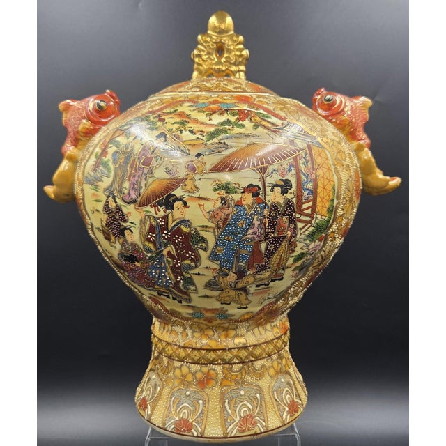 Grand 14" Jeweled Japanese Satsuma Moriage Lidded Urn - Immortal Koi Handles For Sale - Image 18 of 18