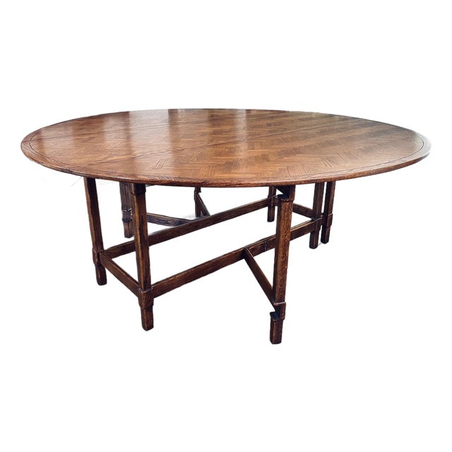 Vintage Large Oak Parquet Top Drop Leaf Dining Table For Sale